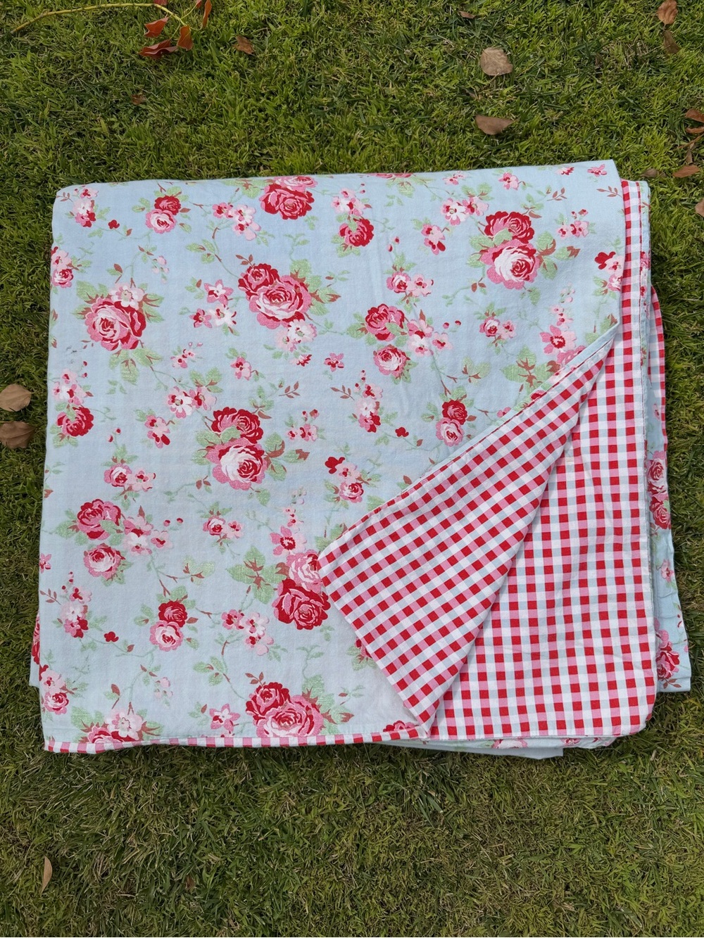 Cath Kidston IKEA Rosali Reversible Duvet Cover Blue Floral Gingham Full HTF GUC